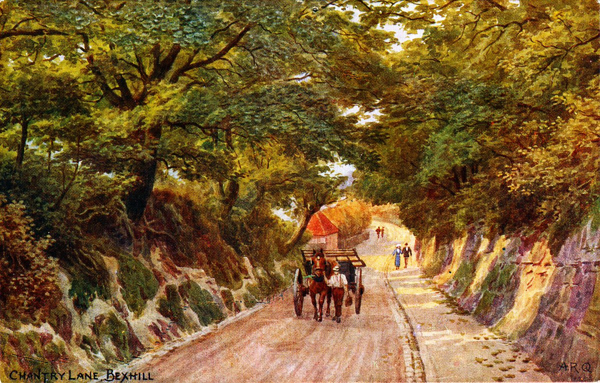 bexhillmuseum's tweet photo. A rather beautiful #postcard from a #watercolour #painting by A.R. Quinton (1853-1934) of the view looking down Chantry Lane, #Bexhill #Sussex. Not posted, but I guess this dates to around 1912? #History #1910s #postcards #art #artists https://t.co/l9xVbtiVXT