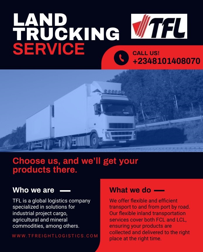tfl_nig's tweet photo. We provide coast to coast coverage within Nigeria. Our regular service links every major city, from the West to the East and to the North.

Domestic Services:
FTL – Full truck Load
LTL – Less than truck Load
Dedicated Services / Direct Drive
#logistics #freight https://t.co/qutVpgmaQg