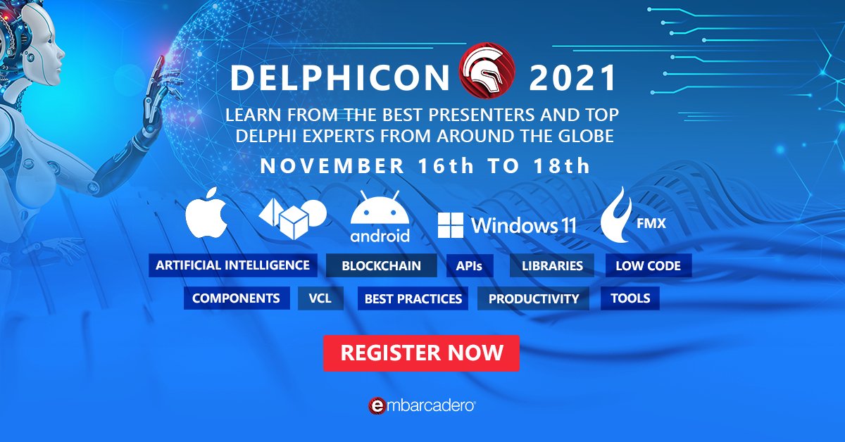 visualassist's tweet image. Join sister company Embarcadero’s #DelphiCon2021, World’s Biggest Annual Online #Delphi event. You’ll also get the chance to win great prizes including a Mac Mini with the DelphiCon referral program. Don&apos;t miss out! Register now: ow.ly/lpLk50GLFMn @EmbarcaderoTech