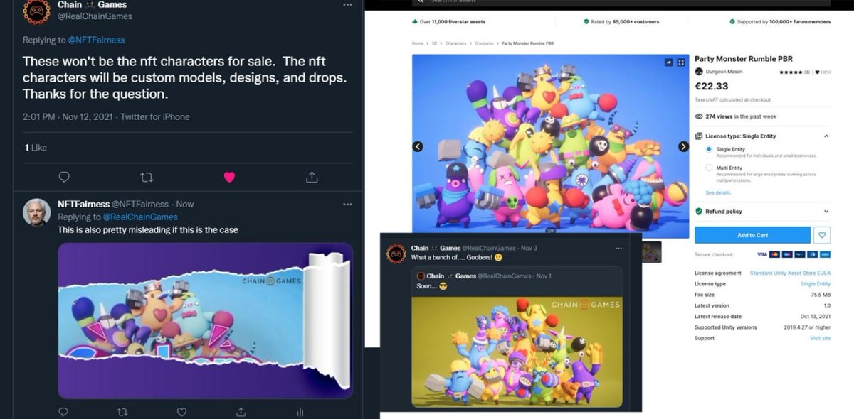 NFTFairness's tweet photo. Be wary of misleading marketing in the NFT space.
Slapping a logo and changing names of someone elses assets and game engines doesn't mean you can resell it.
Can you comment below @RealChainGames about why you've been using stock Unity assets as marketing for "Goobers" ? https://t.co/i3aUDZNiIx