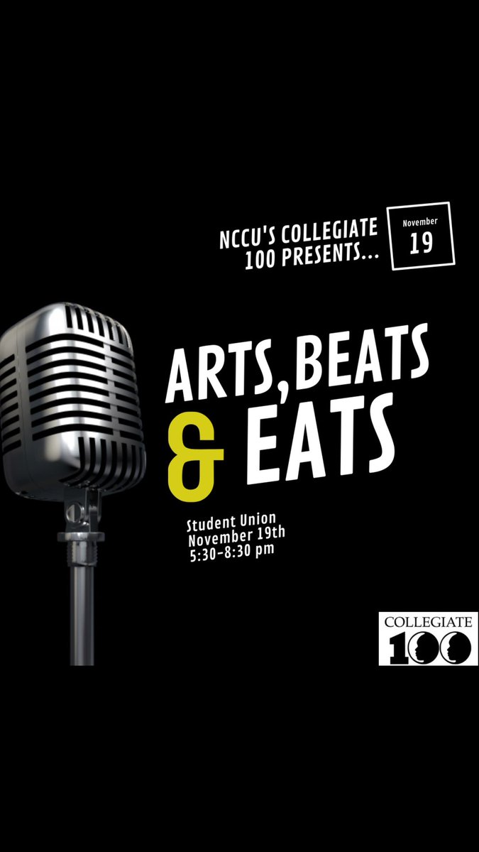NCCU100's tweet photo. WE’RE BAAAAACKKKK🚨 Ladies and gentlemen, you asked and we delivered! NCCU’s Collegiate 💯 presents to you: Arts,Beats ,and Eats !  Come join us In the Student Union for Special performances and vendors! It’s Gonna Be a Show🤫💯 https://t.co/ZESpkq3SL8
