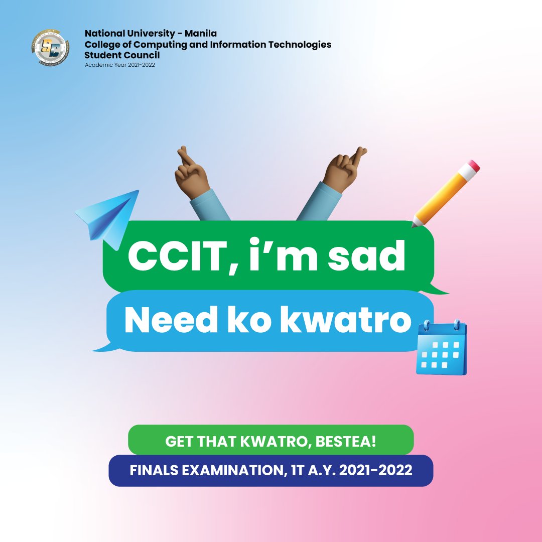 NUCCITSC's tweet photo. CCIT, i'm sad. Need ko kwatro 😞
  
Get that kwatro, bestea!
  
The CCIT Student Council wishes your ✨sad✨ turns joy as you aim your kwatro this Finals Examination for 1st term, A.Y. 2021-2022. 
  
Goodluck, future IT Professionals!
  
#Areté #TowardsExcellence   
#CCITBarks https://t.co/KWbX52c5wo