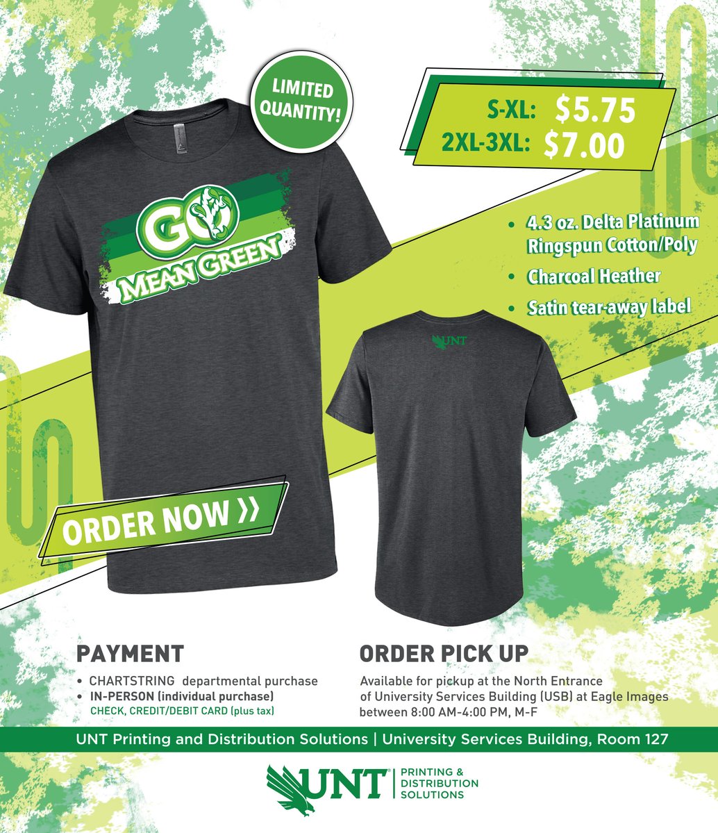 PDSPromo's tweet image. UNT Homecoming shirts are here! T-shirts are available for pickup at USB. Show your spirit and Go Mean Green! 
#UNT #Unthomecoming #gomeangreen

printorders.unt.edu/customer_porta…