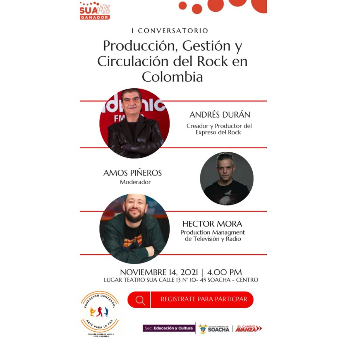 Andrés Durán (@andresduranrock) on Twitter photo Participa este 14 de Noviembre a las 4:00 pm en el Teatro SUA estaremos acompañados de <a href="/andresduranrock/">Andrés Durán</a> <a href="/morarocknroll/">Héctor Mora</a> <a href="/AmosPineros/">Amós Piñeros</a> en el I conversatorio sobre Producción, Gestión y Circulación del Rock en Colombia. Importante confirmar asistencia. Participa este 14 de Noviembre a las 4:00 pm en el Teatro SUA estaremos acompañados de <a href="/andresduranrock/">Andrés Durán</a> <a href="/morarocknroll/">Héctor Mora</a> <a href="/AmosPineros/">Amós Piñeros</a> en el I conversatorio sobre Producción, Gestión y Circulación del Rock en Colombia. Importante confirmar asistencia.