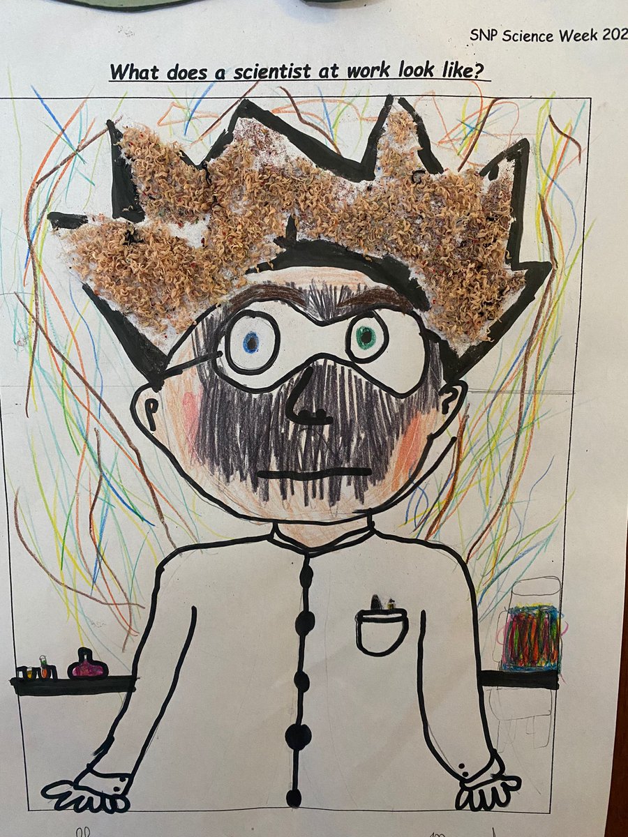 snpballyroan's tweet photo. A scientist at work or a portrait of a teacher on a Friday?! We will have to ask Ms. Nelson's 4th class pupils...🤔 #scienceweek2021 #drawascientist https://t.co/6HYWb5Mc0y https://t.co/rweQKPNeK0