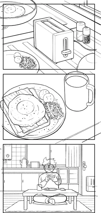 作業途中のもの。キャラ作画→背景作画→仕上げ(トーンや効果線、書き文字など)という順に進めます。
人の世界の背景はパースに忠実な硬い線で。動物の世界の背景はフリーハンドで柔らかい線で、という自分ルールがあります。 