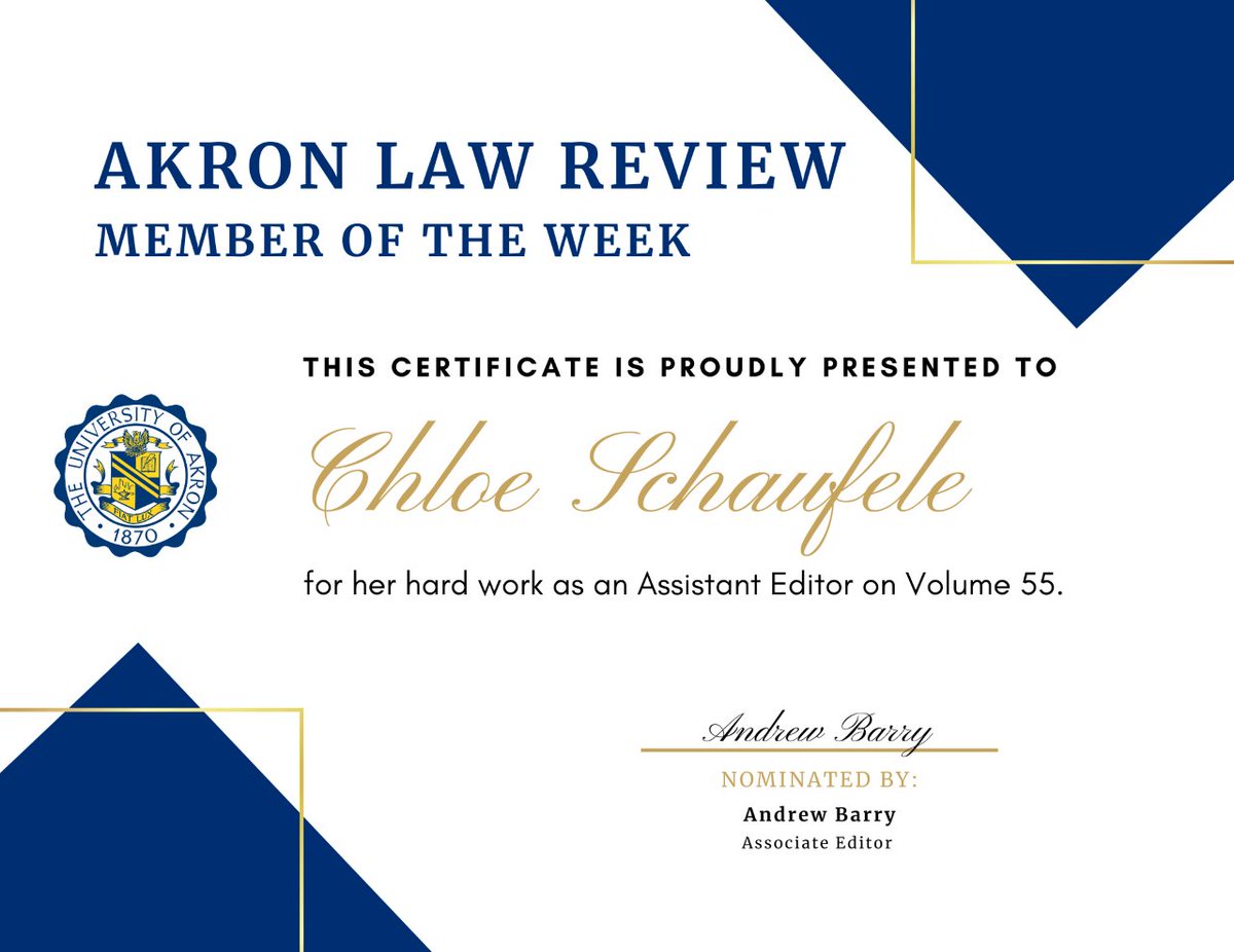 AkronLawReview's tweet photo. Congrats to Chloe Schaufele for being Member of the Week! Keep up the great work. https://t.co/otenySv6m7