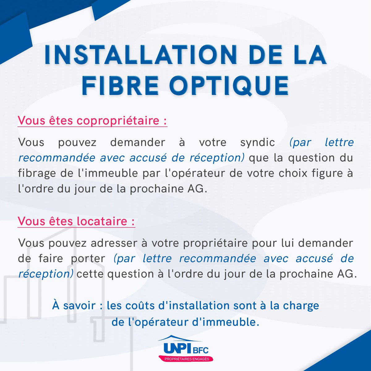 DijonUnpi's tweet photo. 💡 Qui peut demander l’installation de la fibre optique dans une copropriété ? 

#UNPI #defense #proprietaire #immobilier #internet #fibreoptique https://t.co/fwj7ngY913