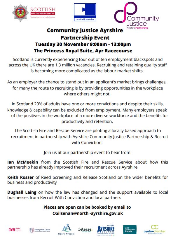 Calling all local employers in Ayrshire!!  There is still time to book your place at our partnership event on Tuesday 30 November, check out the event flyer for further information  #Ayrshire #Partnership #CommunityJustice #SmartJustice #Recruitment