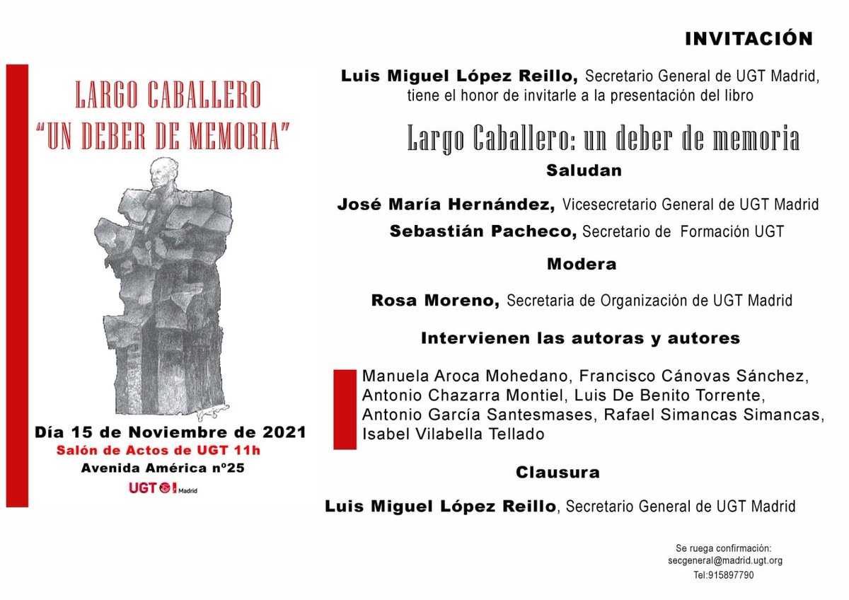 largocaballerof's tweet photo. 📅El Lunes 15, a las 11, en Avda de América, 25, presentación del libro "Largo Caballero: un deber de memoria"@UGTMadrid @LmReillo @UGT_Comunica @chanpache #JoséMaríaHernández #RosaMoreno Intervienen los autoras y autores ¡No faltes!
#75AniversarioLargoCaballero https://t.co/OJLrRY3gNt