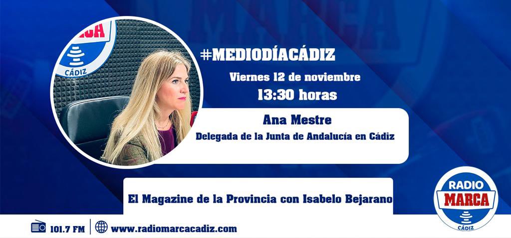 RadioMarcaCadiz's tweet photo. 🟢🎙 La delegada del Gobierno Andaluz en la provincia de Cádiz, Ana Mestre, estará hoy en #MediodíaCádiz con Isabelo Bejarano. 

🕰 13:30

¡Os esperamos! ☺️ https://t.co/zEjxlnCxyr