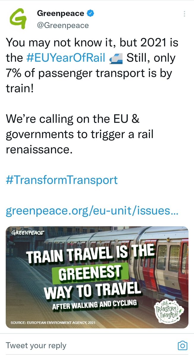 rh52d's tweet photo. @Turbostar19 I can see argument for #ReducedTravel, esp #ReduceDriving and #ReduceFlying but travelling long distance by #Rail is third place behind #Walking and #Cycling as shown by @Greenpeace. #TransformTransport not #BanTravel is surely the way forward? https://t.co/dHHfOmWBHm