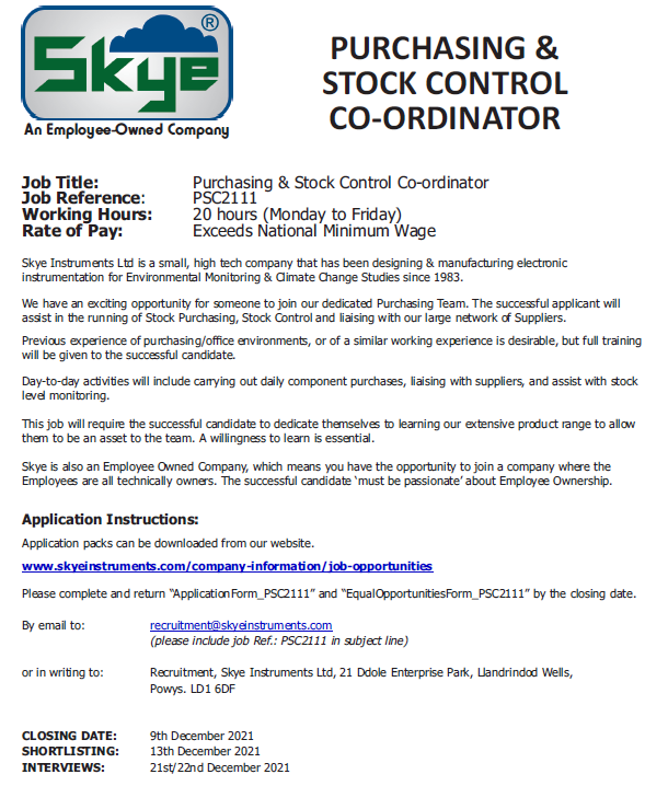 We are Hiring! We are currently hiring in our purchasing department. If you would like to work for an Employee Owned company in the enviromental monitoring sector, take a look at the description below, further details are available on our website.