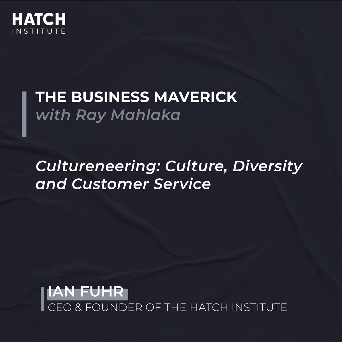 HatchInstitute_'s tweet photo. Business Maverick’s Ray Mahlaka speaks to Ian Fuhr, founder of the Sorbet Group and The Hatch Institute on his latest book Cultureneering: Culture, Diversity and Customer Service.

Listen now:
https://t.co/hLRlPIsp64

#IanFuhr #Cultureneering #Diversity #Culture #CustomerService https://t.co/rKKfxzhbWo