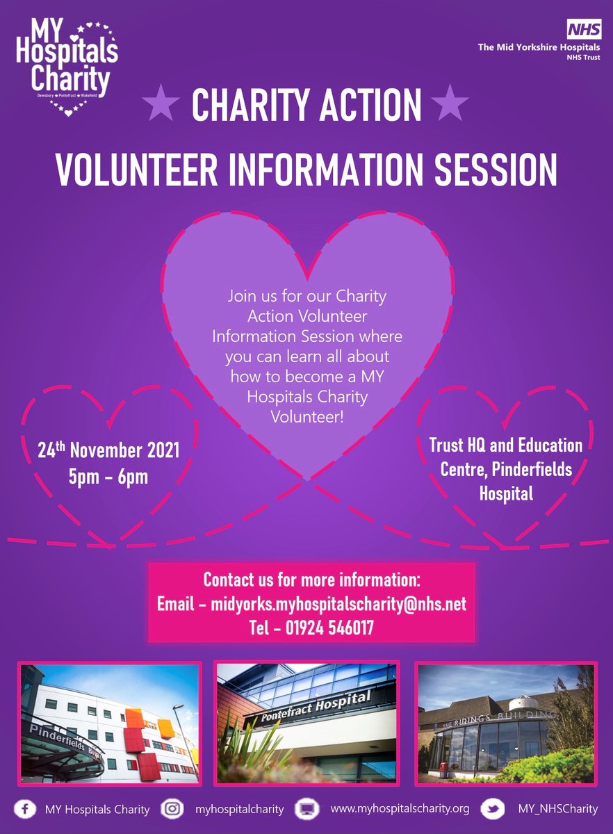 Are you looking to support your local NHS charity? 🌈

On Wednesday 24 November we are holding a recruitment event where you can find out all about the work our charity does and how to apply to be a MY Hospitals Charity Volunteer. 💙

For more information, contact <a href="/MY_NHSCharity/">Mid Yorkshire Hospitals Charity</a>