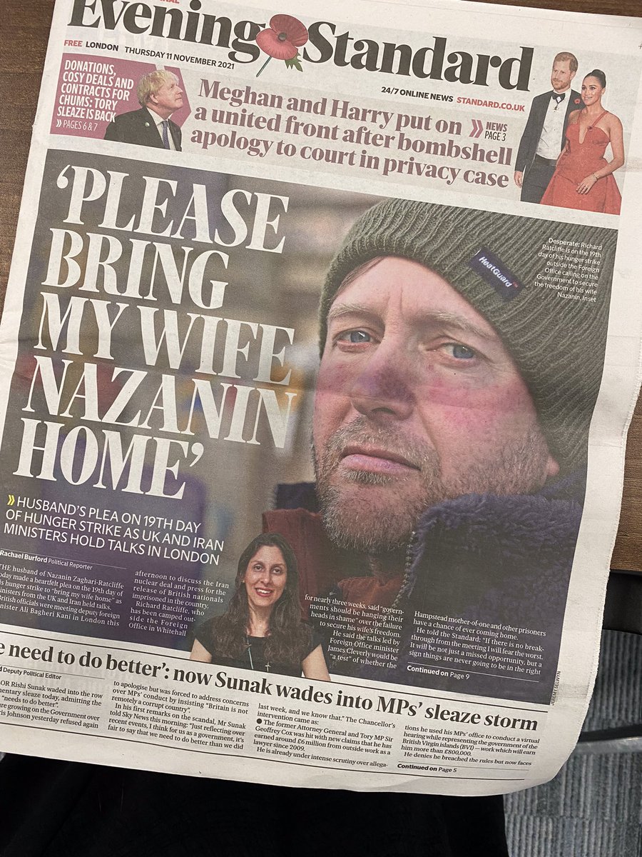 CiLuna27's tweet photo. Today is the 20th day of @FreeNazanin hunger strike. There is drizzle in London. It is good to see the current press coverage and public support for Richard. His demands stay the same as on day 1. Urge @BorisJohnson @trussliz to do more to bring Nazanin home #FreeNazanin https://t.co/iq17OKJQC7