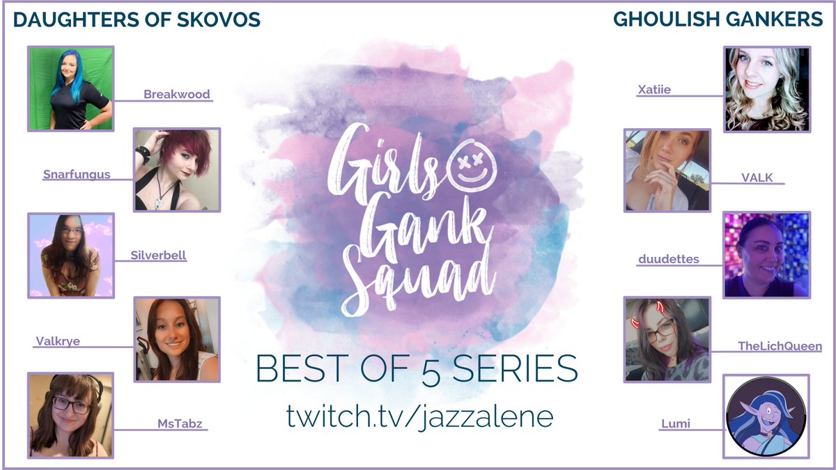Catch #GirlsGankSquad tonight at 6 PM PT with your hosts @jinxeekatt and <a href="/GOONGGWP/">SOTO 🇵🇷</a>! 

Daughters of Skovos
<a href="/Breakw00d/">Breakwood</a> 
<a href="/snarfungus/">Snarfungus (She/They)</a> 
@collanaro 
<a href="/Valkrye12/">Valkrye</a> 
<a href="/mstabzz/">Tabz 🤙</a> 

Ghoulish Gankers
<a href="/Xatiie_/">Xatiie</a> 
VALK
duudettes
<a href="/itsTheLichQueen/">TheLichQueen ✨</a> 
<a href="/LumiRainTwitch/">LumiRain</a> 

👀: twitch.tv/jazzalene