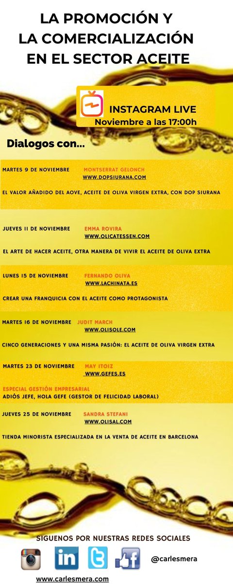 Si quieres conocer de primera mano la realidad de la comercialización y la promoción en el sector del #aceite no te puedes perder los #LIVES que estamos realizando.  

#formación  #oliveoil #aceiteturisme  #AOVE #comercializaciónaceite #oli #mundorural #aceiteolivavirgenextra