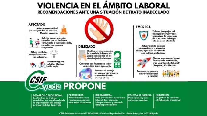 CSIFnacional's tweet image. 🚫 ¿Recibes un trato inadecuado en tu trabajo?
En #CSIF trabajamos para acabar con la violencia en el ámbito laboral. ¿Qué puedes hacer? ¿A quién acudir?
Te dejamos algunas recomendaciones 👇
#TienesLaPalabra #PorTiContigo @csifprl
