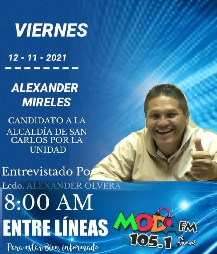 Franciscos_1986's tweet photo. Hoy a las 8:00am escucha al Próximo Alcalde de San Carlos @alexandermirele con @alexolvera01 en su programa Entre Líneas por #MODA105.1FM https://t.co/Y18Ki5hlnE