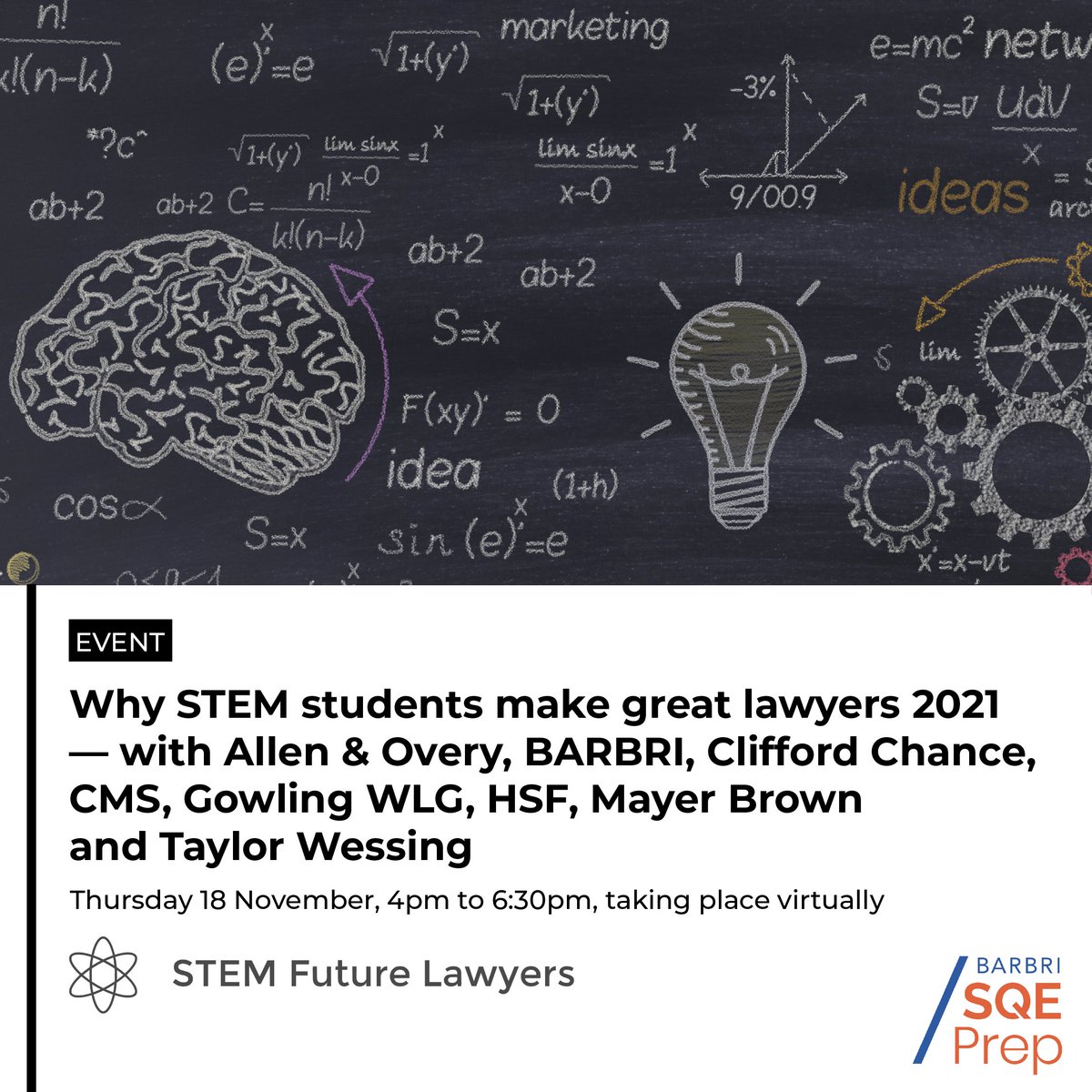 Don't miss NEXT THURSDAY's virtual event for STEM students and grads, 'Why STEM students make great lawyers 2021 – with <a href="/AllenOveryGrads/">Allen & Overy Grads</a>, <a href="/barbri/">BARBRI</a>, <a href="/Clifford_Chance/">Clifford Chance</a>, <a href="/CMSEarlyTalent/">CMS UK Early Talent</a>, <a href="/GowlingWLG_UK/">Gowling WLG UK</a>, <a href="/HSFgraduatesUK/">Herbert Smith Freehills Graduates UK</a>, <a href="/talk2mayerbrown/">MayerBrownFutures</a> and <a href="/TaylorWessingUK/">Taylor Wessing LLP</a>'!👇
stemfuturelawyers.co.uk/event/why-stem…