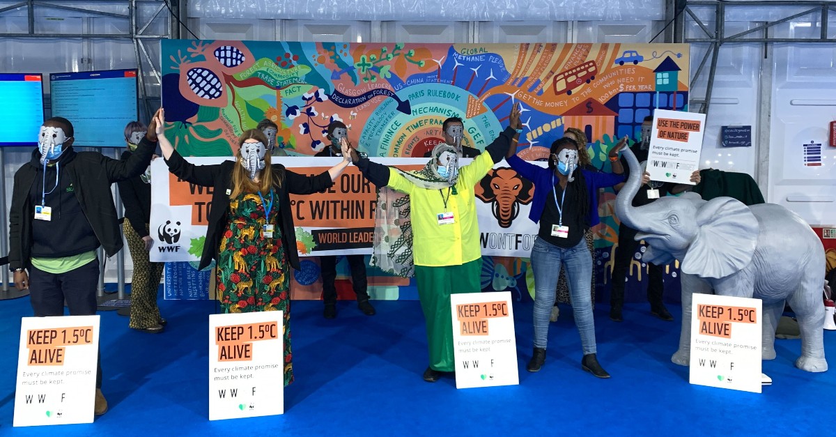 People wearing elephant masks stand with arms raised and placards reading 'keep 1.5C alive'