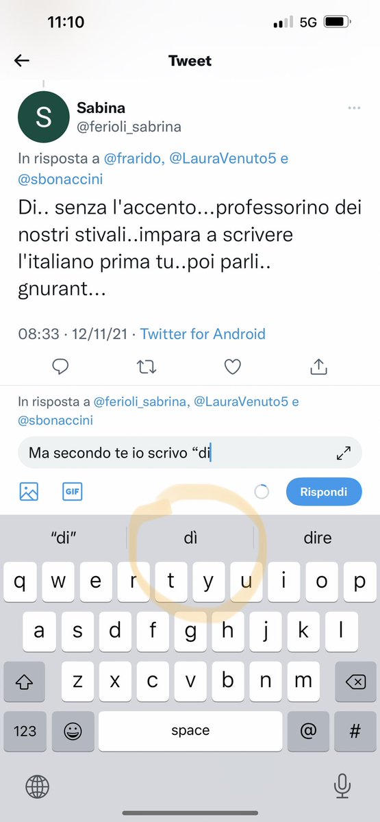 frarido's tweet photo. @ferioli_sabrina @LauraVenuto5 @sbonaccini Ma secondo te io scrivo “dì” con accento? O forse è la tastiera predittiva che me lo corregge? D’altronde i “ …” usati come virgole evidenzia la tua conoscenza dell’italiano. https://t.co/NHaoU278ow