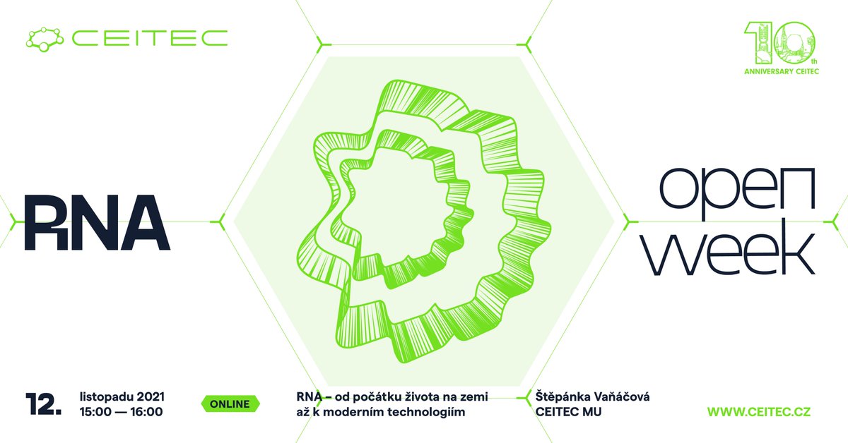 CEITEC_Brno's tweet photo. #RNA získala povědomí pandemií #SARSCov2 způsobené virem, jehož genom je tvořen molekulou RNA. Ta umožňuje pandemii tlumit díky mRNA vakcíně. Molekula RNA je však zajímavá z mnoha ohledů!
🎤O tom bude přednáška @SVanacova. 
Stream zde👉https://t.co/GHNraFoUUF
 #OpenWeek #CEITEC10 https://t.co/iuxv2k0ML1