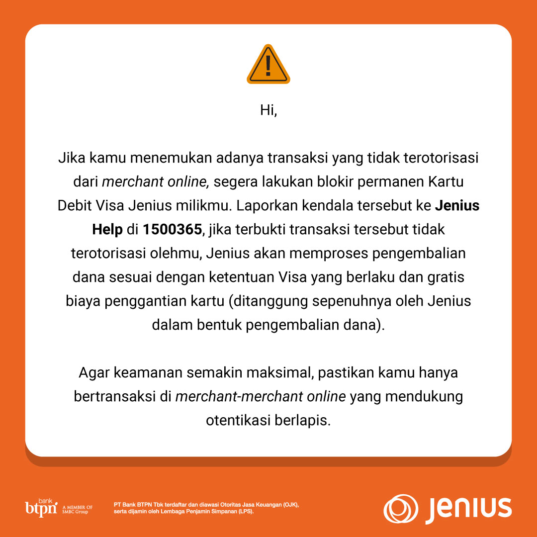 JeniusConnect's tweet photo. Yuk, sama-sama tingkatkan kewaspadaan untuk menghindari modus kejahatan digital!
Hindari bertransaksi di merchant yang belum mendukung otentikasi berlapis. Kalau ada transaksi online yang gak terotorisasi, segera blok Kartu Debit Jenius kamu dan laporkan ke Jenius, ya! https://t.co/v1rXRHQjoF