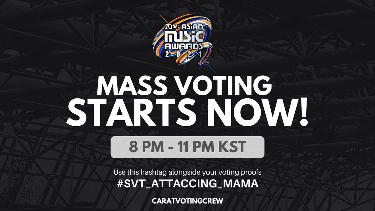 caratvotingcrew's tweet photo. 11.12
🚨 2ND WAVE of Mass Vote starts now, CARATs! 🚨

Use our hashtag #SVT_ATTACCING_MAMA during this mass vote alongside your voting proofs! 

Let’s aim higher for #SEVENTEEN https://t.co/jntM15tMhe
