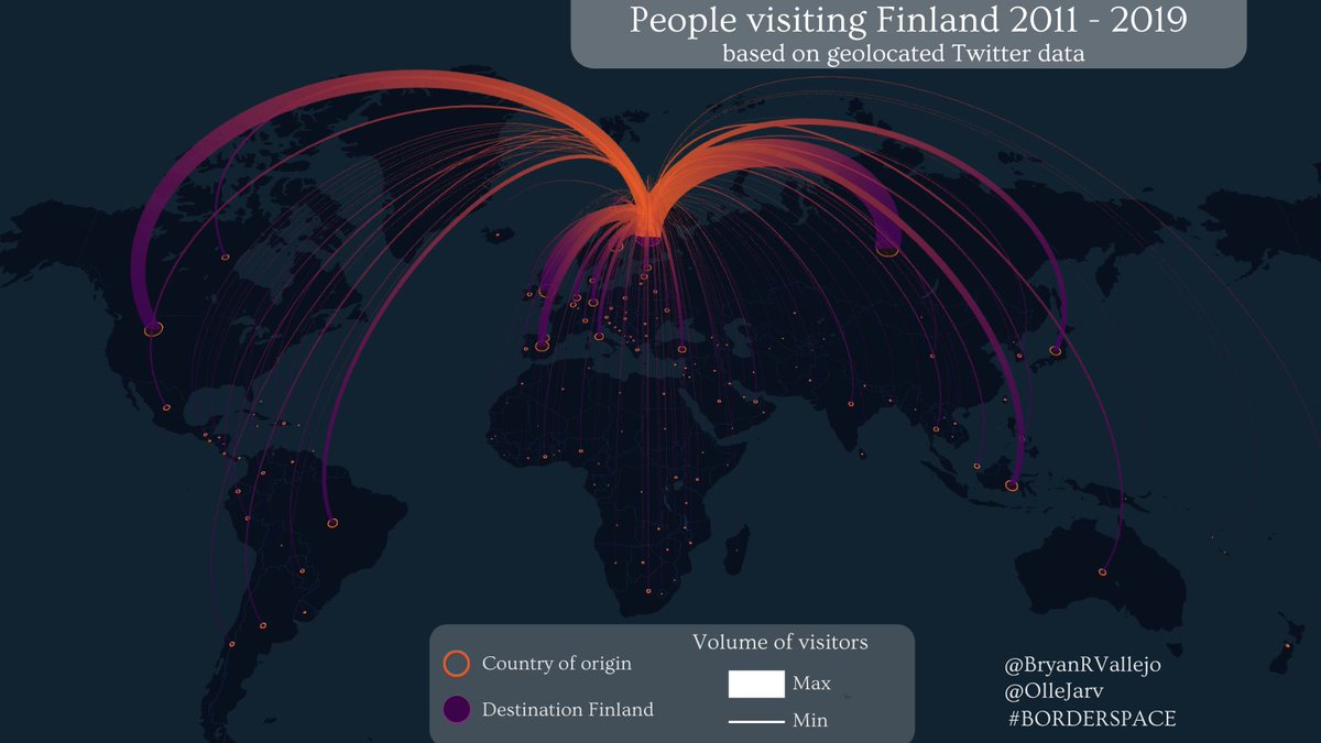 digigeolab's tweet image. #30DayMapChallenge, day 12, population: Distribution of foreign people visiting #Finland from Twitter data. Using our #opentools 👇 to study cross-border mobility bit.ly/3FaUpPx.
Map by @BryanRVallejo &amp;amp; @ollejarv w/ #keplergl
@GeoHelsinkiUni @KumpulaScience @HelsinkiUni