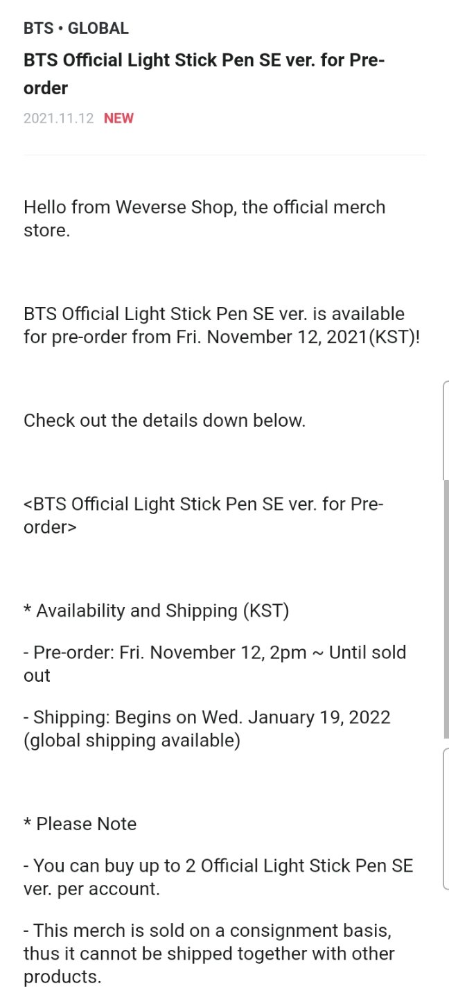 🥢BTS ⟭⟬ Merch⁷⟬⟭🔍⍤⃝🔎 on X: Weverse Shop Global Official Lightstick Pen  SE restocked GLOBAL 2nd pre-order - Pre-order Nov 12 2pm KST - Shipping Jan  19  / X