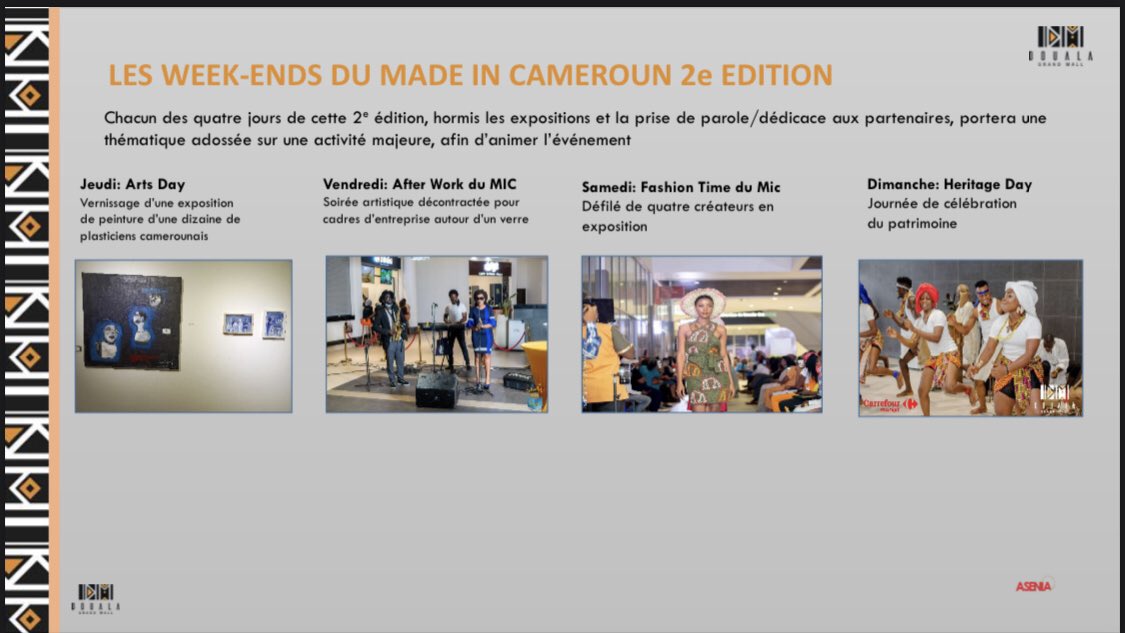 Lisa_Griffi's tweet photo. Les différents thèmes d’animations qu’on retrouvera aux week-ends du Made in Cameroun du 2 au 5 décembre prochain.

• Jeudi : Vernissage
• Vendredi : After Work MIC
• Samedi : Fashion Time (défilé de quelques créateurs)
• Dimanche : Journée culturelle

#MadeinCameroun https://t.co/SKnu84OapS