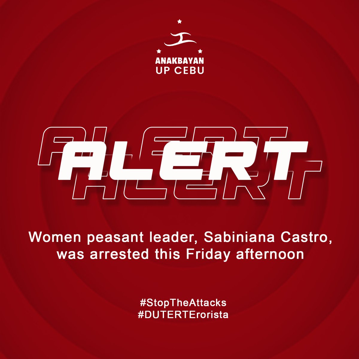 anakbayan_upc's tweet photo. ALERT: Women peasant leader, Sabiniana Castro, was arrested this Friday afternoon. 

Castro has been nabbed from her residence in Barangay Guindarohan, Minglanilla and is currently held at Minglanilla Police Station.

#NoToMinglanillaReclamation https://t.co/9FE1VvuLOw