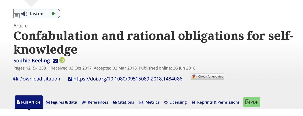 JournalPHP's tweet photo. What can #confabulation teach us about self-knowledge? Sophie Keeling discusses this, in an open-access article entitled "Confabulation and rational obligations for self-knowledge". Check it out! https://t.co/fZTWqtvX9q https://t.co/cMaMEX7MiI
