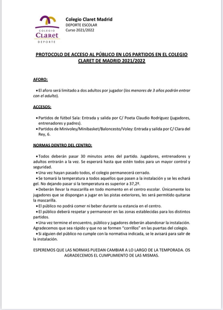 Buenas noticias para el <a href="/colegio_claret/">Colegio Claret de Madrid</a> . Aumentamos a dos adultos la entrada a los partidos de la liga de <a href="/DeportesECM/">DeportesECM</a> . Os esperamos a todos con la misma responsabilidad del primer día!
