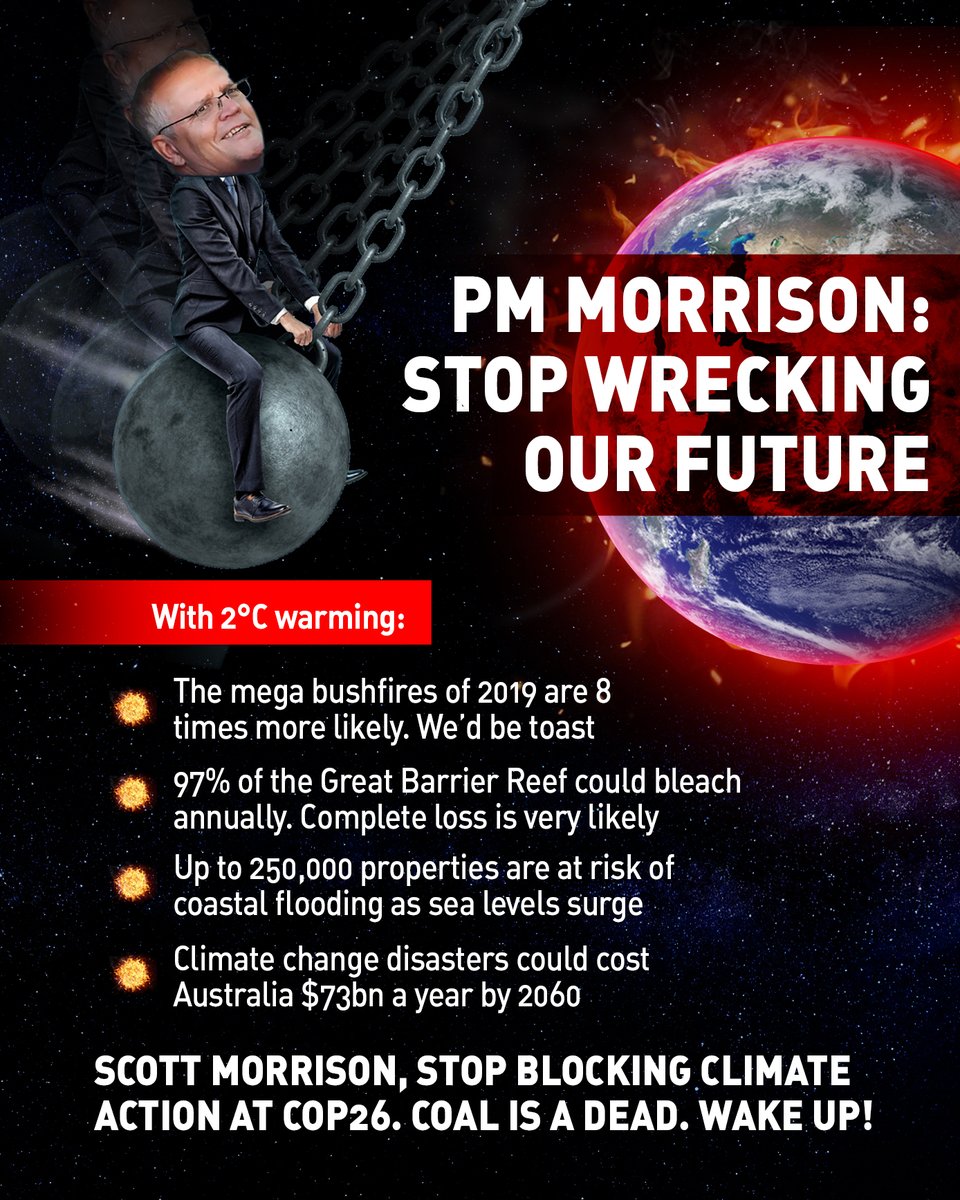 Avaaz's tweet photo. Prime Minister @ScottMorrisonMP, stop blocking climate action at #COP26! Your shortsighted support for coal is pushing the whole world towards catastrophe. The world is watching and can see exactly what you are doing! https://t.co/csapCugWpS