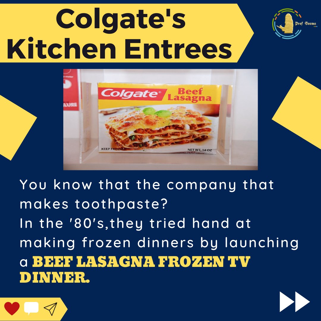 profseemagupta's tweet image. Colgate! 🦷

The Biggest Brand extension failures! ⛔

The brand launched Kitchen Entrees in the United States in 1982. 🚀

Did it fail for any particular reason? Share your thoughts in the Comments Section. 🤔👇

•
•
•
•
•
#colgate #colgatesmile #iimb #profseema