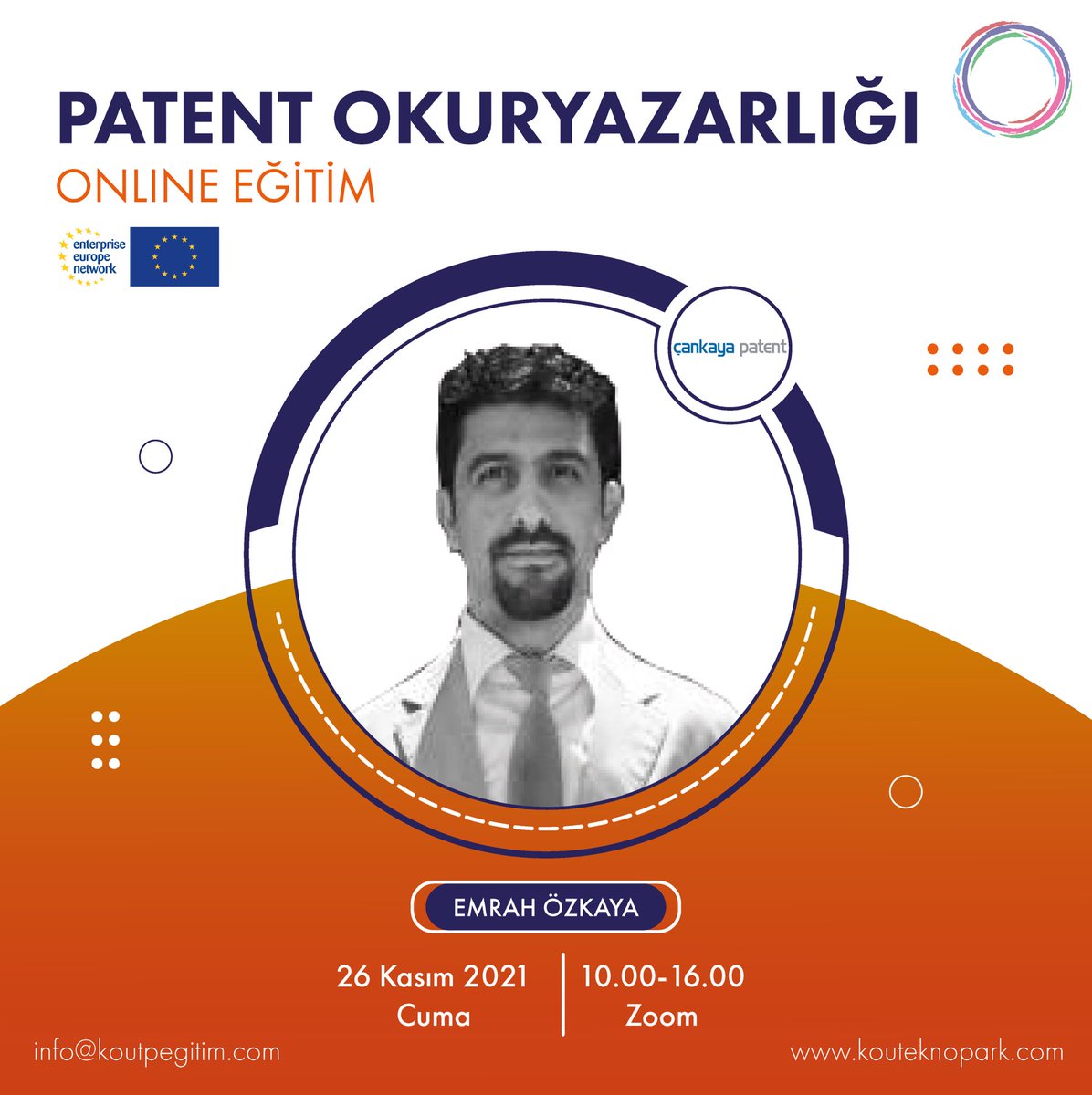 Online Patent Okuryazarlığı Eğitimi, <a href="/patentcankaya/">ÇankayaPatent</a> firması Genel Müdür Yardımcısı Emrah Özkaya ile
 18-19 Kasım 2021 Perşembe &amp; Cuma 10.00 -16.00 saatleri arasında zoom ile gerçekleşecektir.👉🏻 Ön kayıt için: https://forms.gle5UBMZyAoigUYoijY6 <a href="/KOUTeknopark/">KOU Teknopark</a>