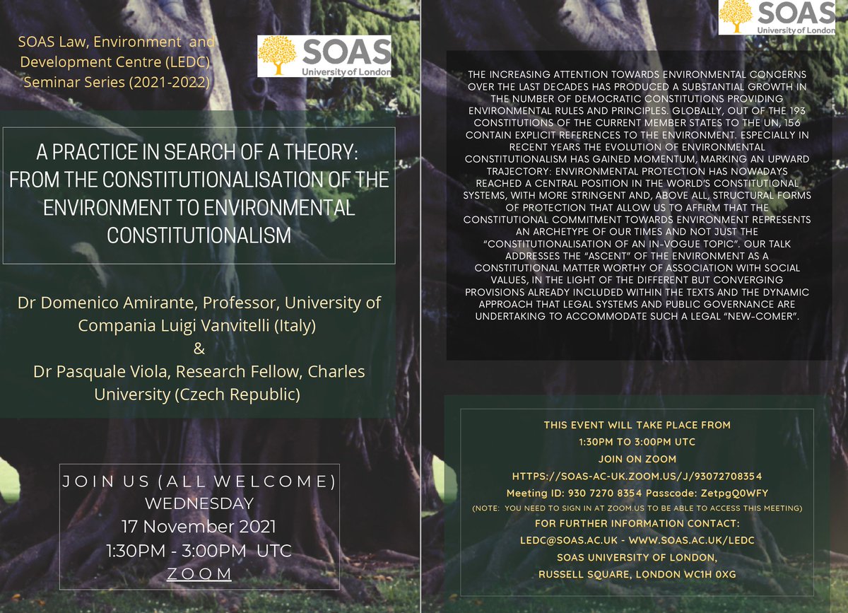 Prof. Amirante &amp; Dr Viola - From the Constitutionalisation of the Environment to Environmental Constitutionalism - 17 November 1:30pm GMT/UTC