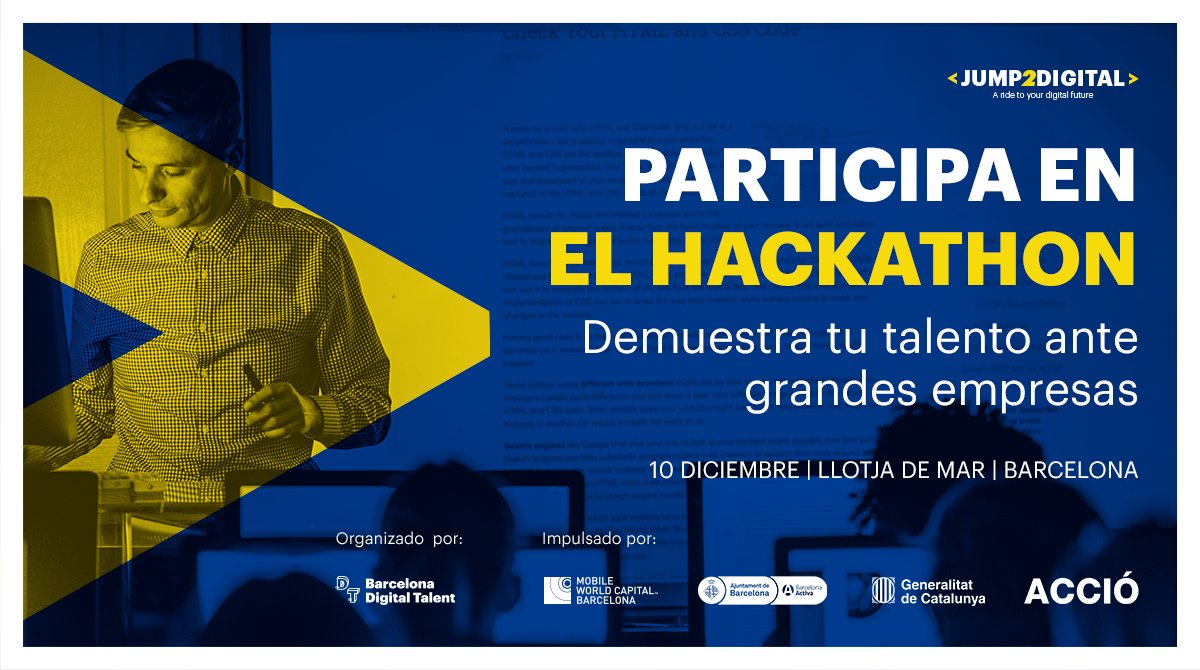 carlosazaustre's tweet photo. 📢 ¡Atención Evento!

@BDTalent junto a @NuweIo organizan el #JUMP2DIGITAL, un evento sobre Talento Digital en Barcelona.

Puedes apuntarte a su Hackathon, orientada a perfiles Junior aquí 👉 https://t.co/HtuxX7Mg5h

Elige "Entrada General + Hackathon" para participar. https://t.co/j4PoC4FEPO