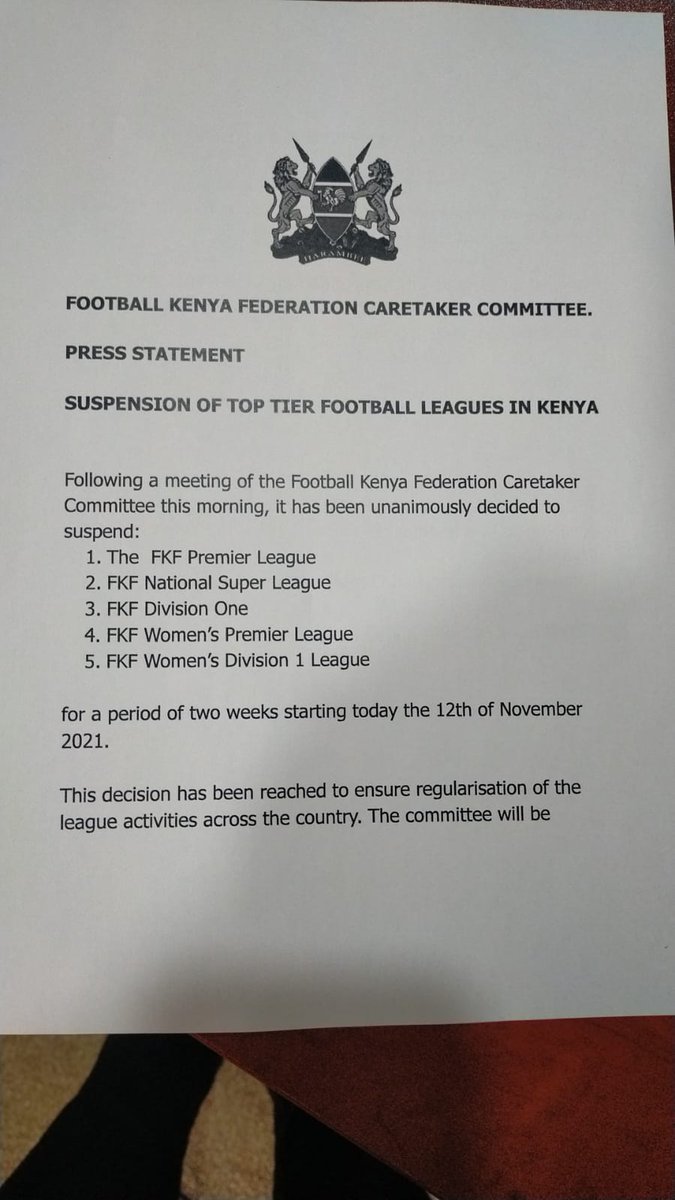 TeyaKevin's tweet photo. Confirmation of the suspension of all Kenyan football leagues.

#KEFootball https://t.co/AHp2Q0lTfO