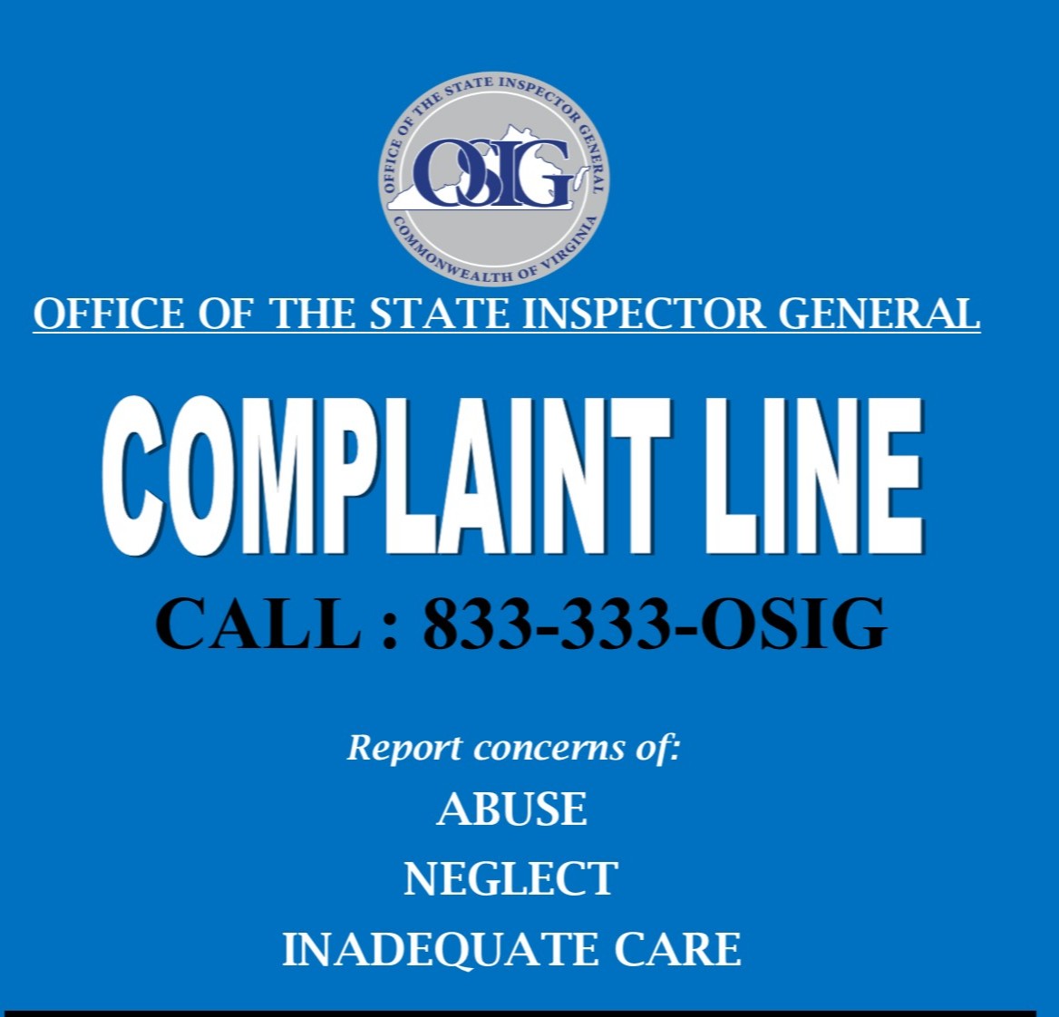 VaOSIG's tweet photo. Concerned about abuse, neglect or inadequate care in a state-operated mental health facility? Contact #VaOSIG #BHDS https://t.co/KJo6uQPclY