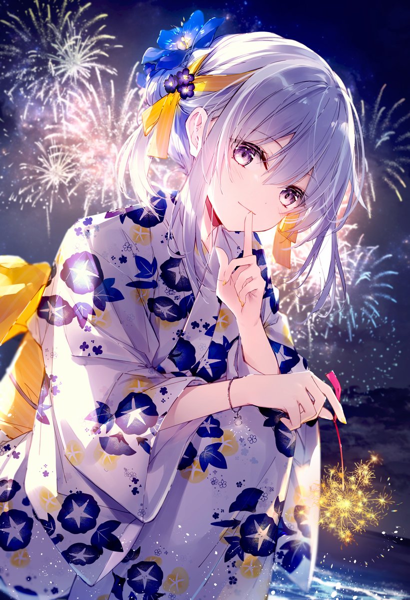 1girl kimono solo fireworks japanese clothes flower hair ornament  illustration images