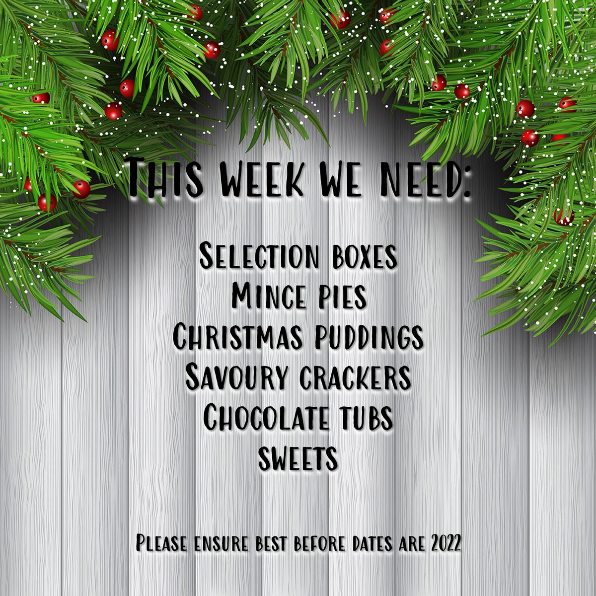 Thank you to everyone who responded to our appeal last week. 

There's still a few things we need for our Christmas Hampers so if anyone is able to donate any of the following we would be massively grateful 😃

*Please check best before dates