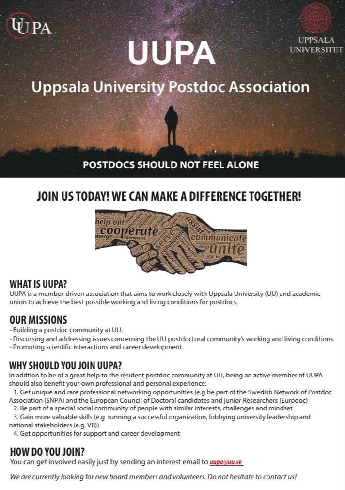 Funnkos's tweet photo. 📢📢 Uppsala University Postdoc Association (UUPA) is looking for members! 
@uppsalauni https://t.co/DFIosIhKvp