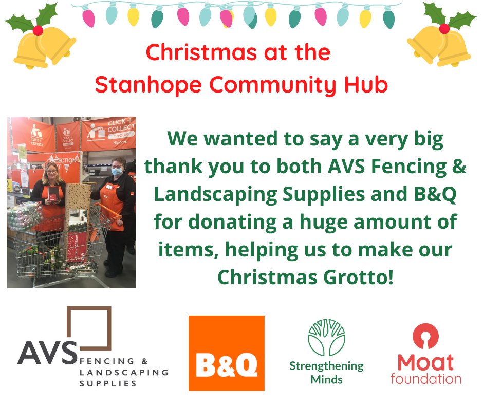 We cannot wait to see you all over Christmas for our grotto at the #stanhope Community Hub!  The lovely folk at <a href="/avsfencing/">AVS Fencing & Landscaping Supplies</a> and <a href="/BandQ/">B&Q</a> have very kindly donated a whole host of items to make this year super special!  We wanted to say a huge THANK YOU!🎄
<a href="/MoatFoundation/">Moat Foundation</a> <a href="/moathomes/">Moat</a>