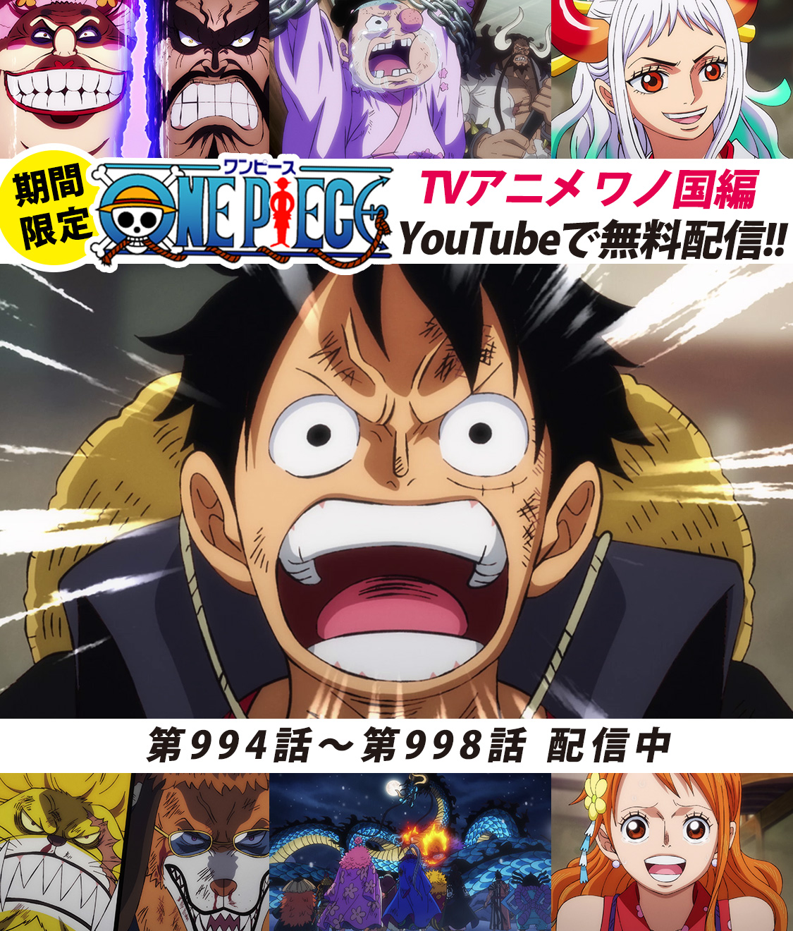 Twitter 上的 One Piece スタッフ 公式 Official Youtubeにてアニメ無料配信中 全面戦争 本格始動 994 998話を公開しました 来週21日 日 あさ9 30 いよいよ1000話が放送されます 超特報もあるので お楽しみに まずは 994話をみる T Co