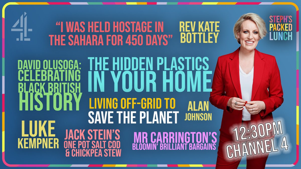 PackedLunchC4's tweet photo. Inside this week's last helping of #StephsPackedLunch:
๐ Discover the eco-friendly versions of the hidden plastics in your home
๐ Historian David Olusoga's essential guide to Black British History
๐ A day in the life of a family who live 'off-grid'
๐บ & MUCH MORE @ 12:30 on C4 https://t.co/tVDiF5WGGh