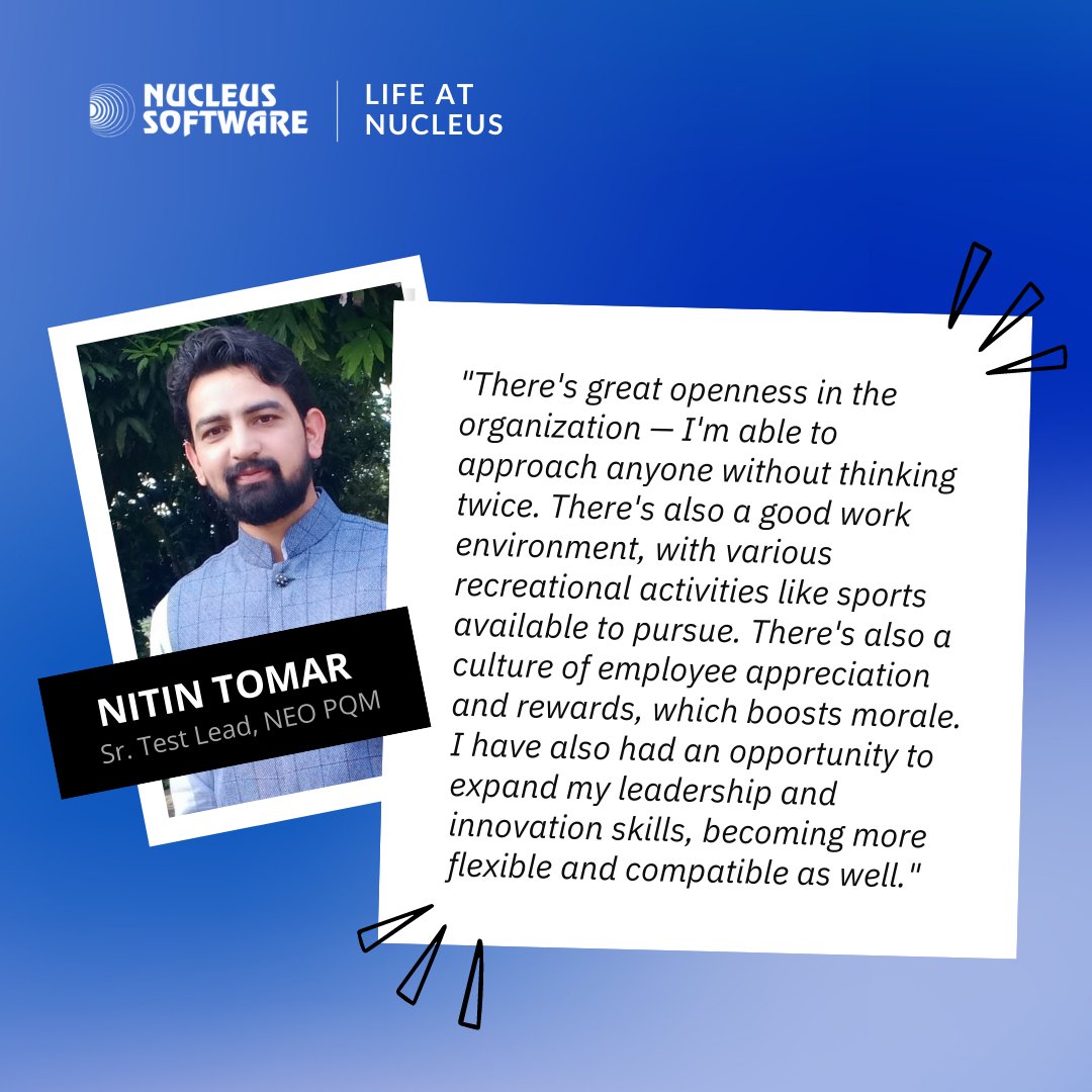nucleussoftware's tweet photo. #Nucleite Nitin Tomar sheds light on our employee-first culture and outlines his favourite aspects of working at Nucleus Software! 
Join us, if you want to experience a journey with us, not just a job. 
Apply here: https://t.co/kxr75wydm4 

#LifeAtNucleus #Nucleus #NucleusFamily https://t.co/y0CE7YpMds